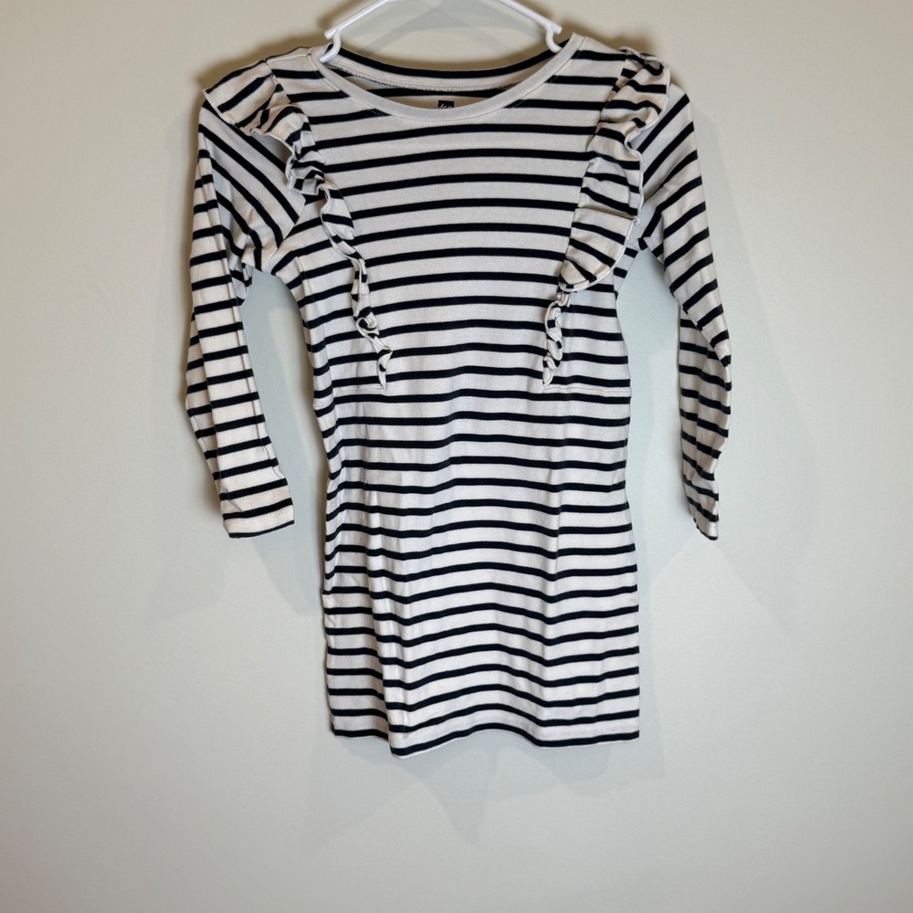 Tea Collection Girls Striped Ruffle Dress Long Sleeve Size 8 Black White